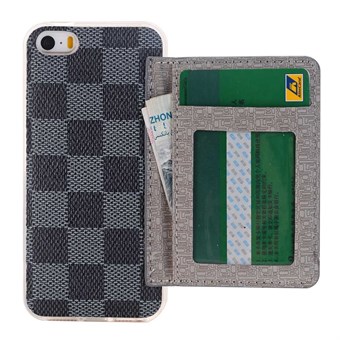 Luksus iPhone 5 / iPhone 5S / iPhone SE 2013 skinn/silikontrekk M. innebygd kredittkortlommebok svart