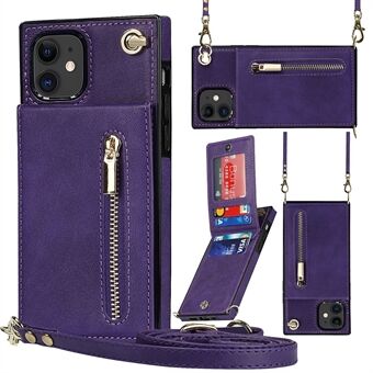 Vertikal flip glidelås lommebok Kickstand Design Skinntelefon Hybridveske med snor for iPhone 11 6,1 tommer