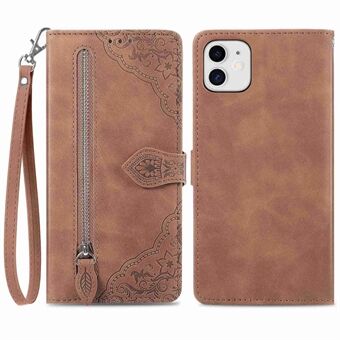 For iPhone 11 6,1 tommers PU-skinn lommebok med glidelås telefonveske Blomsterpåtrykt magnetlås Stand Folio Flip-deksel med stropp