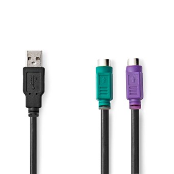 2 i 1 kabel | USB 2.0 | USB-A hann | 2x PS/2 Kvinne | 480 Mbps | 0,30 m | Forniklet | Runde | PVC | Svart | Plastpose