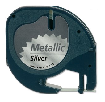 Dymo LetraTag-etikett svart tekst på sølvtape (91208) 12 mm × 4M (BEGRENSET VERSJON)