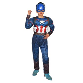  Captain America Kostyme Børn - Inkl. Maske + Dress - Large - 130-140 cm