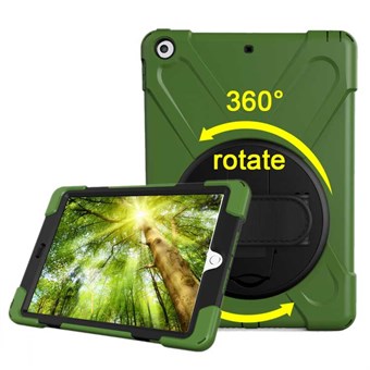 Unikt Forsvar 360 ° rotasjonsdeksel med holder og håndrem til iPad 9.7 (2018) / iPad 9.7 (2017) - Army grønn
