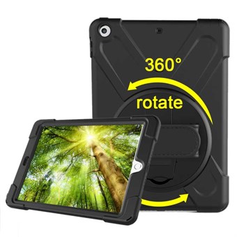 Unikt Forsvar 360 ° rotasjonsdeksel med holder og håndrem til iPad 9.7 (2018) / iPad 9.7 (2017) - Svart