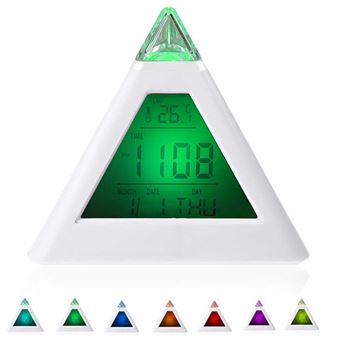 7 LED Fargeskiftende Pyramid Digital LCD Triangel-Klokke 