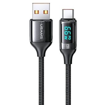 USAMS U78 USB-C 1,2 m LED 6A hurtigladekabel flettet svart / svart SJ544USB01 (US-SJ544)