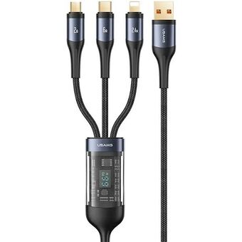 USAMS Kabel pleciony U83 3w1 66W 1,2m Digital Display PD Rask Lading (lightning/microUSB/USB-C) svart/sjokolade SJ582USB01 (US-SJ582)