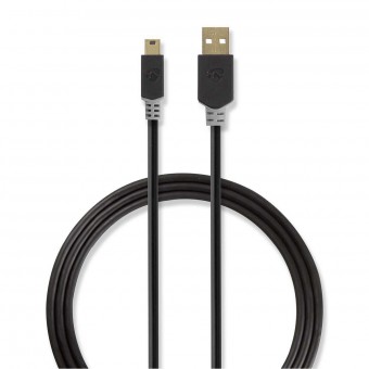 USB-kabel | USB 2.0 | USB-A hann | USB Mini-B 5-pinners hann | 480 Mbps | Gullbelagt | 2,00 m | Runde | PVC | Antrasitt | Plastpose