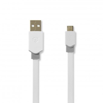 USB-kabel | USB 2.0 | USB-A hann | USB Micro-B hanne | 480 Mbps | Gullbelagt | 1,00 m | Flat | PVC | Hvit | Plastpose