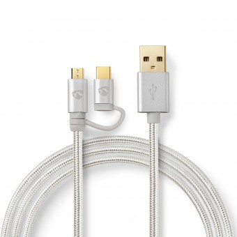 2 i 1 kabel | USB 2.0 | USB-A hann | USB Micro-B hann / USB-C™ hann | 480 Mbps | 1,00 m | Gullbelagt | Runde | Flettet | Aluminium | Dekk vindusboks