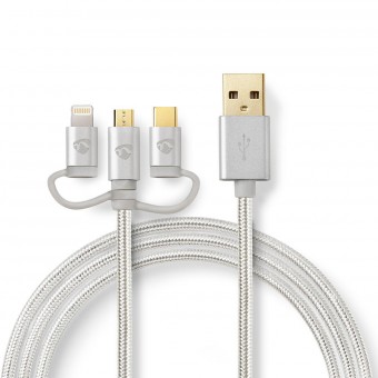 3 i 1 kabel | USB 2.0 | USB-A hann | Apple Lightning 8-pinners / USB Micro-B hann / USB-C™ hann | 480 Mbps | 1,00 m | Gullbelagt | Runde | PVC | Aluminium | Dekk vindusboks