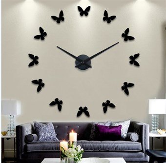 Stor moderne 110x110 cm veggklokke med sommerfugler