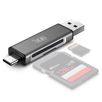 KAWAU C350Q USB3.0+Type-C mobiltelefon OTG 5 Gbps kortleser Bærbar mini kortleser i aluminiumslegering med SD / TF-kortporter