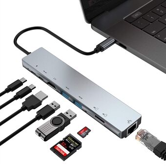 WC7367 8-i-1 USB-C HUB Multifunksjon SD/TF-kortleser HDMI RJ45 USB PD Type-C-dokkingstasjon-konverter