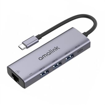 AMALINK 5 i 1 driverfri type C-hub 2x USB 2.0 3.0 PD 3.0 RJ45 Lan-adapter