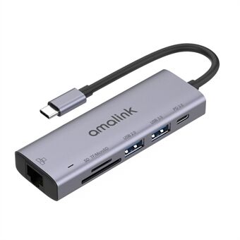 AMALINK AL-95122D 6 i 1 Type C Hub TF-kortleser USB 2.0 + 3.0 PD 3.0 RJ45-adapter Opp til 85W strømforsyning