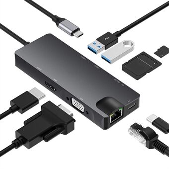 8 i 1 USB-C Hub Type C til RJ45 / PD 100W ladeport / HD / Kortleser / 3,5 mm lydkontakt / VGA / 2x USB 3.0-port dokkingstasjon
