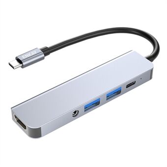 ENKAY HAT Prince 5-i-1 USB-C Hub-dokkingstasjon Type-C til HD 4K Dual USB3.0 3,5 mm Audio Jack PD 60W Hurtiglading