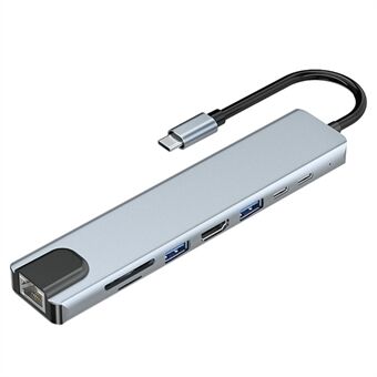 JUNSUNMAY JSM-HUB008 USB-C-dokkingstasjon 8-i-1 Type-C-adapter med HD 4K-utgang, PD-lader, USB 3.0, 2xUSB 2.0, RJ45 Ethernet, 2x kortleserspor