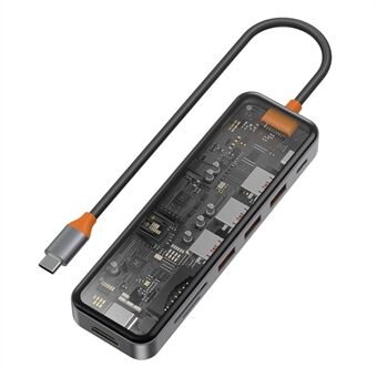 WIWU CB007 7-i-1 Type-C Hub Multi-Port dokkingstasjon USB-C til HD 4K, PD 100W, USB3.0, TF Kortleser Adapter Metall Herdet glass Transparent Converter