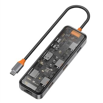 WIWU CB008 Metallherdet glass Transparent Type-C Hub Adapter 8-i-1 Multi-Port USB-C Docking Station Converter Support HD 4K, PD 100W, Gigabit, TF-kortleser
