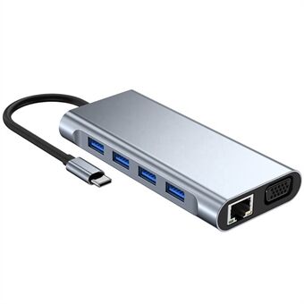 11-i-1 Mini USB-C dokkingstasjon RJ45 1000 Mbps Ethernet Type-C Hub Converter HD+VGA+4 USB+TF / SD+AUX+Type-C-adapter
