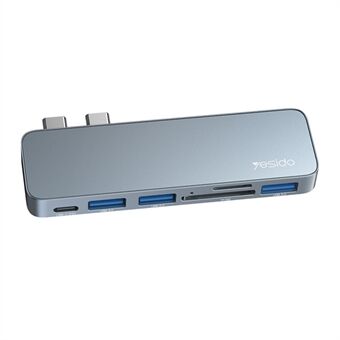 YESIDO HB10 Dual Type-C Hub Splitter 6-i-1 USB3.0 TF / Memord Kortleser PD Adapter Notebook Docking Station
