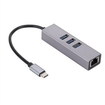 Type C til RJ45 Ethernet-adapter+3xUSB 3.0-porter, aluminiumslegering USB 3.0 til RJ45 Gigabit Ethernet LAN-nettverkskonverter