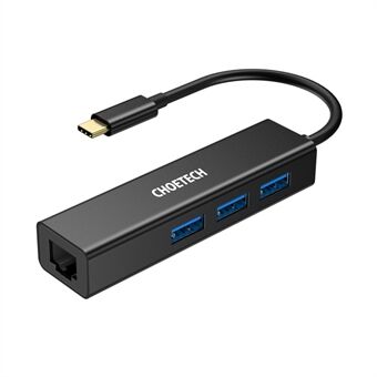 CHOETECH HUB-U02 4-i-1 USB-C til RJ45 + 3 USB3.0-porter Ethernet-adapter Nettverkskabelkontakt USB-hub