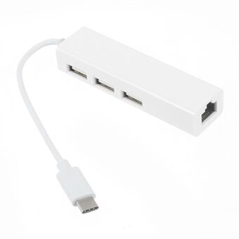 USB 3.1 Type C til 3-ports USB 2.0 Hub med Gigabyte Ethernet-adapter for Apple New MacBook 12-tommers - Hvit