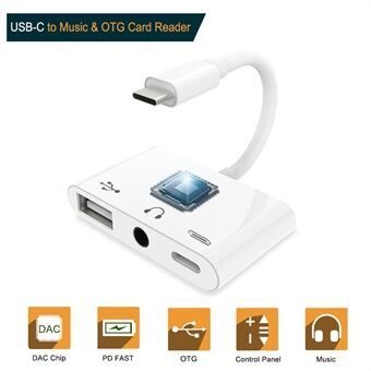 Type C to 3.5mm Headphone Jack OTG Adapter Converter USB-C to Music Audio OTG Card Reader - White