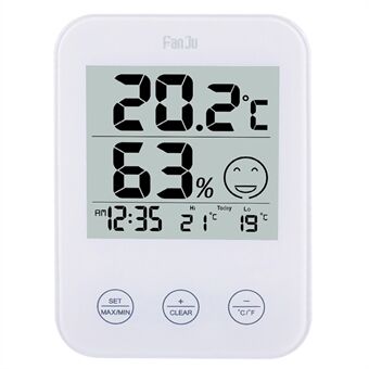 FANJU FJ718 Multifunksjonell berøringsvekkerklokke Temperatur- og fuktighetsmåler Veggmontert / skrivebordsklokke for hjemme, stue, soverom