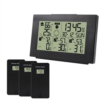 ZX3551D Digital Display Værstasjonsklokke med 3 trådløse sensorer, temperatur-/fuktighetsmålerklokke Multifunksjonsvekkerklokke (uten batteri)