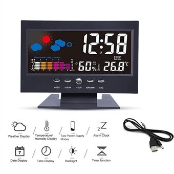 Multifunksjonell vekkerklokke Bakgrunnsbelysning LCD-skjerm Digital klokke med klokkeslett / dato / uke / temperatur / fuktighet / værvisning