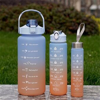 3 STK PC sportsvannflaskesett drikkeflaskekopper med drikketid, volumskala, halm (BPA-fri, ingen FDA-sertifisert)