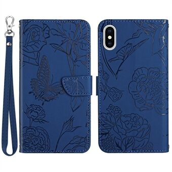 For iPhone XS/X 5.8 inch Butterfly Flower Pattern Imprinted PU Leather Phone Case Folding Stand Skin-touch Feeling Anti-dust Wallet Phone Shell with Wrist Strap