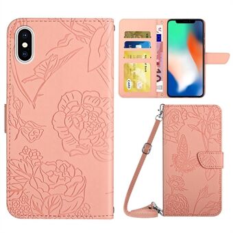 For iPhone X/XS 5.8 inch Imprinting Butterflies Flower Pattern PU Leather Wallet Stand Phone Case with Shoulder Strap