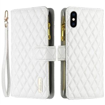 BINFEN COLOR BF Style-15 for iPhone X / XS 5,8 tommer Full beskyttelse Telefonveske Stand lommebok Matt PU-skinn Rhombus påtrykt skall med glidelåslomme