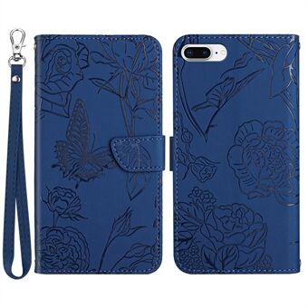 For iPhone 8 Plus/7 Plus 5.5 inch Skin-touch Feeling PU Leather Cell Phone Case Bag Butterfly Flower Pattern Imprinted Flip Wallet Phone Cover with Wrist Strap