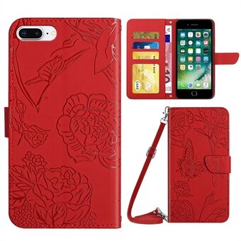 For iPhone 7 Plus/8 Plus 5.5 inch Butterfly Flowers Imprinting Bump Proof PU Leather Phone Shell, Pattern Imprinting Design Wallet Stand Case with Shoulder Strap