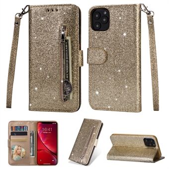 Flash Powder Glidelås Lomme lommebok Flip Leather Telefondeksel med stropp for iPhone 11 Pro 5,8 tommer (2019)