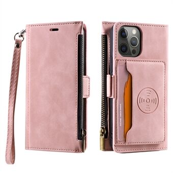 Fullt beskyttende skinntelefonskall Kickstand-deksel med lommebok med glidelås og stropp for iPhone 11 Pro Max 6,5 tommer