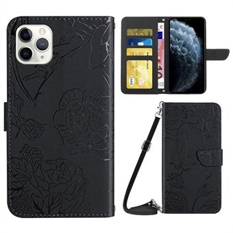 Wallet Phone Case for iPhone 11 Pro Max 6.5 inch PU Leather Butterfly Flowers Imprinting Phone Shell Shockproof Stand Case with Shoulder Strap