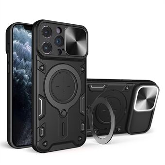 For iPhone 11 Pro Max Slide Kameralokk Fallsikkert deksel Roterbart Kickstand PC + TPU telefondeksel