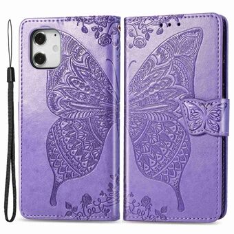 For iPhone 12 mini 5.4 inch Imprinted Butterfly Wallet Case PU Leather Wrist Strap Stand Feature Flip Cover