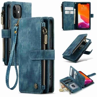 CASEME C30-serien for iPhone X / XS 5,8-tommers multifunksjonell glidelåslomme lommebok telefondeksel Anti-fall PU- Stand Kortholderveske med stropp