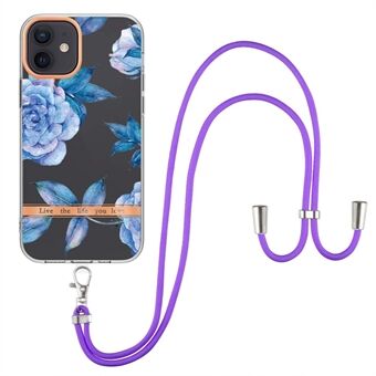 For iPhone 12/12 Pro 6,1 tommer YB IMD-9-serien Blomstermønster IMD galvaniseringsveske Myk TPU Stilig telefondeksel med snor