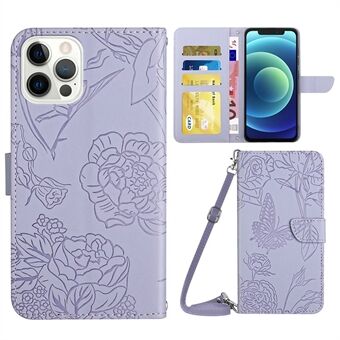 For iPhone 12/12 Pro 6.1 inch Protective Case Butterfly Flowers Imprinted PU Leather Folio Flip Cover Anti-Scratch Stand Wallet Case with Shoulder Strap