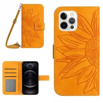 For iPhone 12 / 12 Pro 6,1 tommer Stand påtrykt solsikketelefon lommebokholderveske Skin-touch PU lær folio flipdeksel med skulderstropp