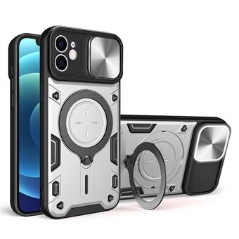 For iPhone 12 6,1-tommers skyvekameralokk Telefonveske Roterbart Kickstand PC + TPU støtsikkert deksel